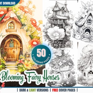 大人と子供向けの魔法の花が咲く妖精の家の塗り絵 50 ページ 即時ダウンロード グレースケールの塗り絵 印刷可能な PDF、花の家