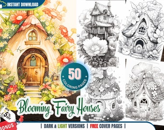 50 pagine da colorare di magiche case fatate in fiore per adulti + bambini Download istantaneo Libro da colorare in scala di grigi PDF stampabile, Case di fiori