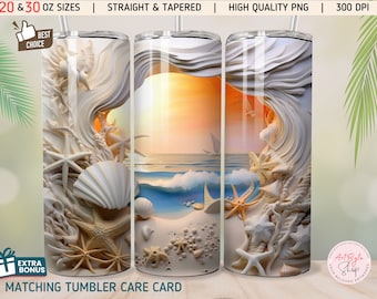 May include: A sublimation design for a 20 or 30 ounce tumbler featuring a seashell and starfish design with a sunset and ocean wave background.