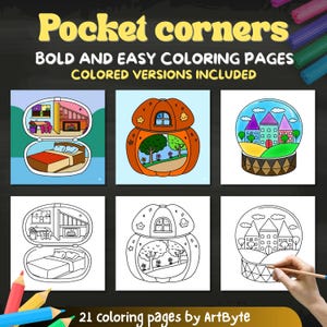 Bold and Easy Cute Coloring Book: 21 Pocket Conners Coloring Pages for Adults and Kids Instant Download Coloring Book Printable PDF & JPG