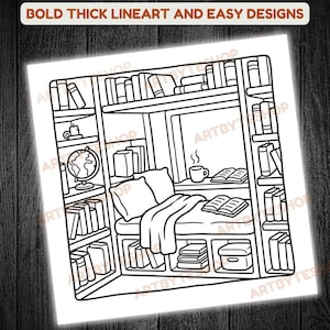 May include: Black and white line art illustration of a cozy reading nook with bookshelves, a window, and a reading bench with pillows and a blanket. A globe, books, and a mug are also visible. The text at the top says "BOLD THICK LINEART AND EASY DESIGNS."