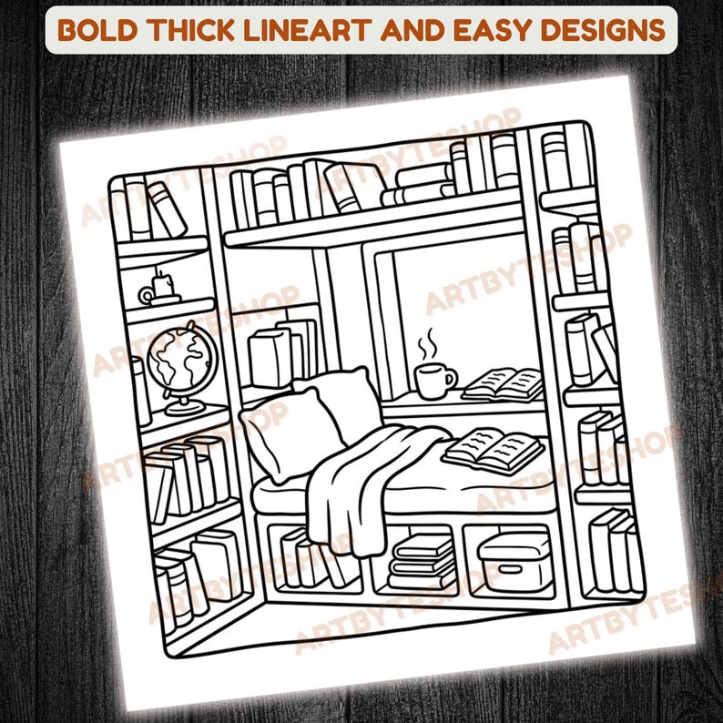 May include: Black and white line art illustration of a cozy reading nook with bookshelves, a window, and a reading bench with pillows and a blanket. A globe, books, and a mug are also visible. The text at the top says "BOLD THICK LINEART AND EASY DESIGNS."