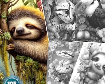 Peut inclure: Couverture de livre de coloriage numérique avec des illustrations d'animaux de la forêt, dont un paresseux, un chat, un toucan et un serpent. Le texte "FOREST FAUNA" est en bas, avec "105 COLORING PAGES" et d'autres textes en haut.