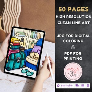 May include: A digital coloring book displayed on a tablet, featuring a cozy library scene with a cat, books, and a trunk. The image includes text: "50 PAGES, HIGH RESOLUTION, CLEAN LINE ART, JPG FOR DIGITAL COLORING & PDF FOR PRINTING."