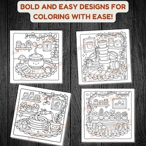 May include: Four black and white coloring pages with garden-themed illustrations. Each page features a different scene, including potted plants, watering cans, and the text "BOLD AND EASY DESIGNS FOR COLORING WITH EASE!"