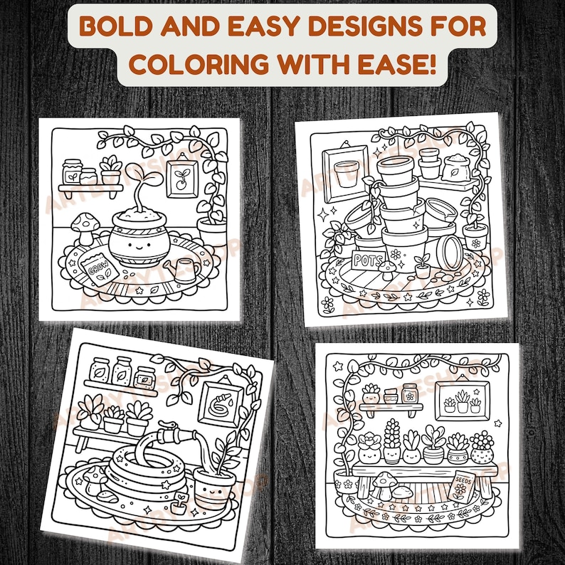 May include: Four black and white coloring pages with garden-themed illustrations. Each page features a different scene, including potted plants, watering cans, and the text "BOLD AND EASY DESIGNS FOR COLORING WITH EASE!"