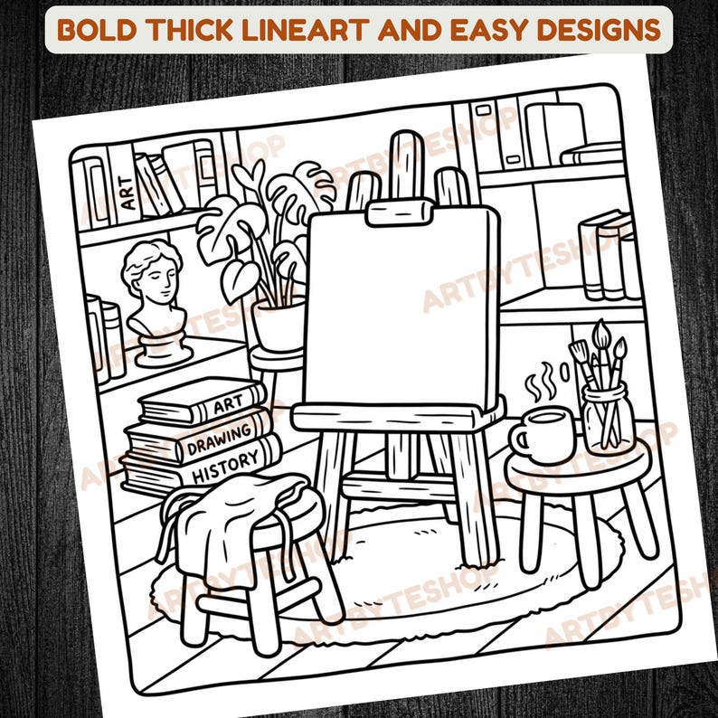 May include: Black and white line art illustration of an artist's studio. An easel with a blank canvas is the focal point, surrounded by art supplies, books, and a small table with a mug. The text at the top reads "BOLD THICK LINEART AND EASY DESIGNS."