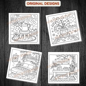 May include: Four black and white line art illustrations of cozy scenes. One shows a watering can, another a potted plant, a third a bedroom with the word "NAPS", and the last a welcome sign.