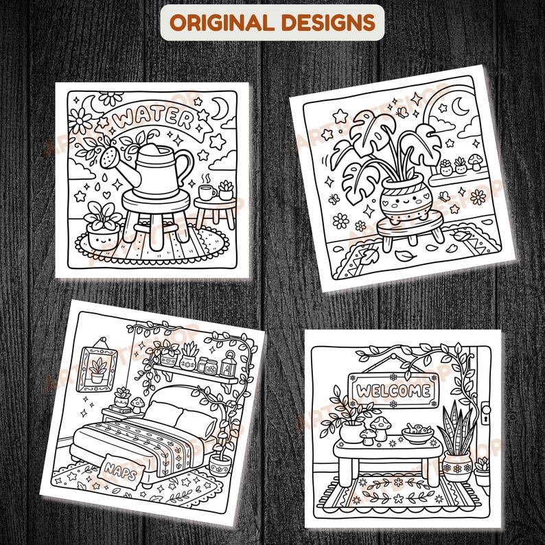 May include: Four black and white line art illustrations of cozy scenes. One shows a watering can, another a potted plant, a third a bedroom with the word "NAPS", and the last a welcome sign.