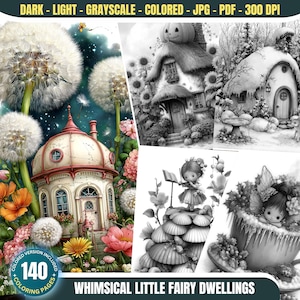 Whimsical Little Fairy Houses: 140 Coloring Pages for Adults and Kids Instant Download Grayscale Fantasy Coloring Book Printable PDF&JPG Set