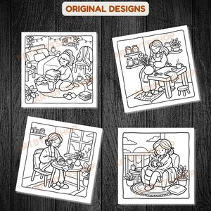 May include: Four black and white illustrations depicting relaxing scenes. One shows a person folding laundry, another arranging flowers, a third enjoying a meal, and the last one drinking tea on a balcony. The text "ORIGINAL DESIGNS" is at the top.