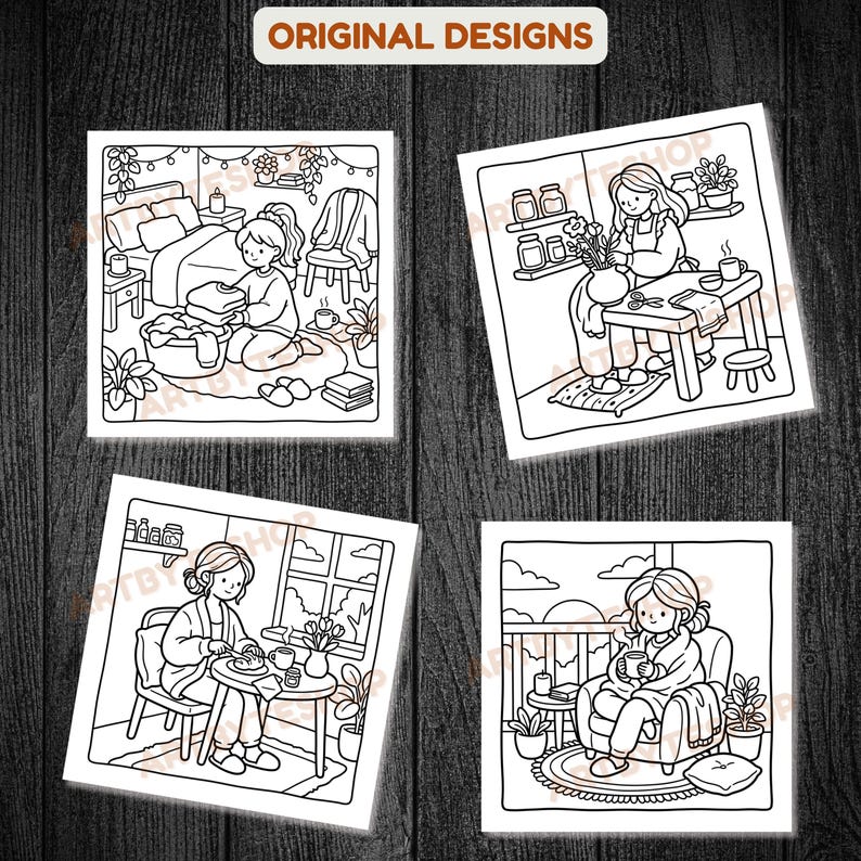 May include: Four black and white illustrations depicting relaxing scenes. One shows a person folding laundry, another arranging flowers, a third enjoying a meal, and the last one drinking tea on a balcony. The text "ORIGINAL DESIGNS" is at the top.