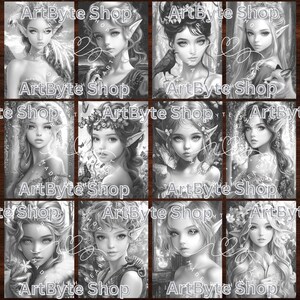 May include: A digital art print featuring a collection of nine black and white illustrations of fairy-like women with pointed ears and flowing hair. Each illustration is framed with a decorative border and the text "ArtByte Shop".