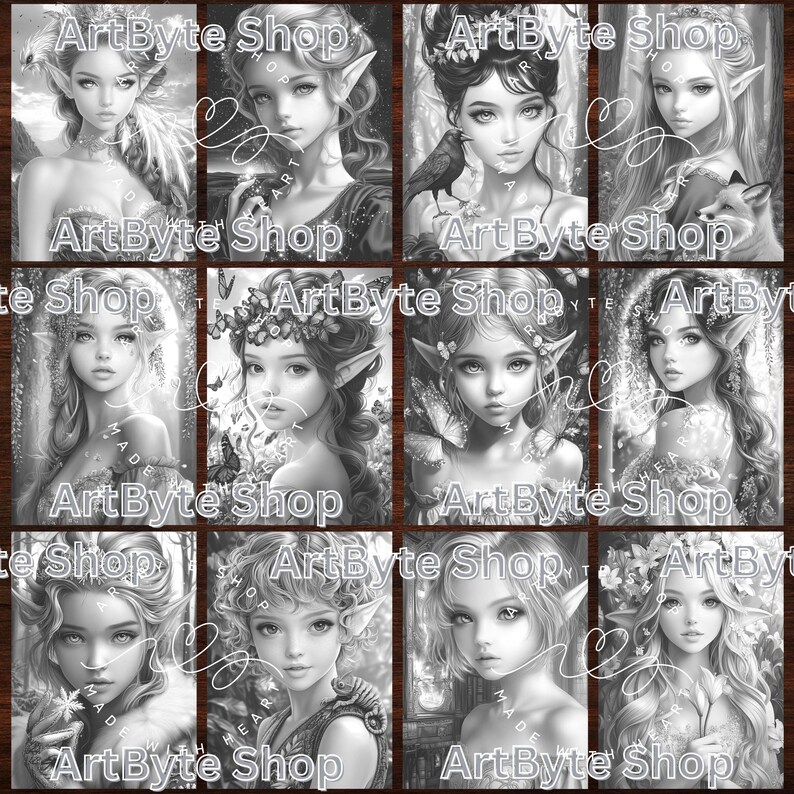 May include: A digital art print featuring a collection of nine black and white illustrations of fairy-like women with pointed ears and flowing hair. Each illustration is framed with a decorative border and the text "ArtByte Shop".