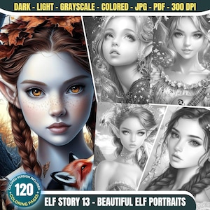 May include: A coloring book featuring 120 pages of elf portraits. The cover shows a detailed illustration of an elf with pointed ears, long red hair, and a fox beside her. The text "ELF STORY 13 - BEAUTIFUL ELF PORTRAITS" is printed on the cover.
