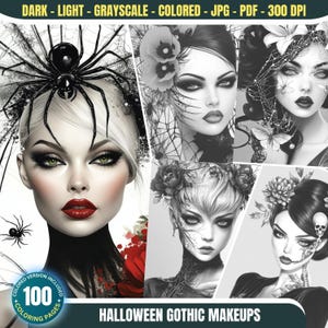 Halloween Gothic Makeups: 100 Coloring Pages for Adults Instant Download Grayscale Coloring Book Printable PDF&JPG Halloween Coloring Bundle