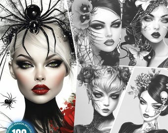 Halloween Gothic Makeups: 100 Coloring Pages for Adults Instant Download Grayscale Coloring Book Printable PDF&JPG Halloween Coloring Bundle