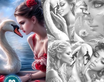 Swan Lake: 80 Coloring Pages for Adults and Kids Instant Download Grayscale Coloring Book Printable PDF & JPG Fantasy Girls Coloring Bundle