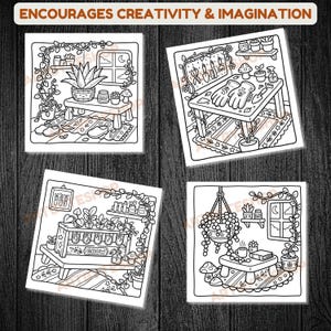 May include: Four black and white illustrations of cozy indoor scenes with plants and gardening tools. The top banner reads "ENCOURAGES CREATIVITY & IMAGINATION". Each scene features a different arrangement of plants, furniture, and decor, all in a line art style.