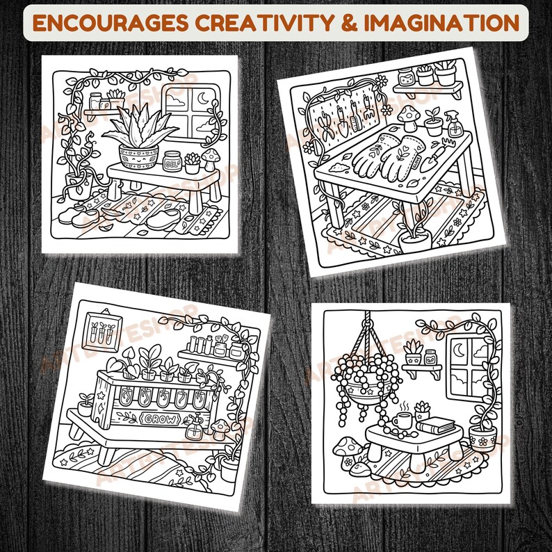 May include: Four black and white illustrations of cozy indoor scenes with plants and gardening tools. The top banner reads "ENCOURAGES CREATIVITY & IMAGINATION". Each scene features a different arrangement of plants, furniture, and decor, all in a line art style.