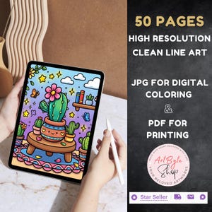 May include: A digital coloring book displayed on a tablet, featuring a colorful cactus illustration with a pink flower. The image includes text: "50 PAGES, HIGH RESOLUTION, CLEAN LINE ART, JPG FOR DIGITAL COLORING & PDF FOR PRINTING."