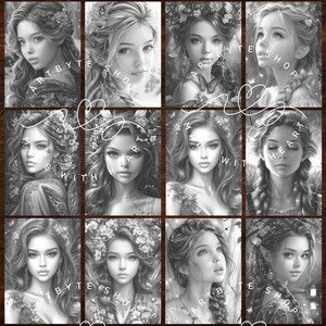 Pu&ograve; includere: Un collage digitale di dieci immagini in bianco e nero di donne con fiori nei capelli. Le immagini sono disposte in una griglia di cinque righe e due colonne. Le donne guardano tutte la fotocamera con una variet&agrave; di espressioni. Le immagini sono tutte in uno stile simile, con un'atmosfera morbida e sognante.