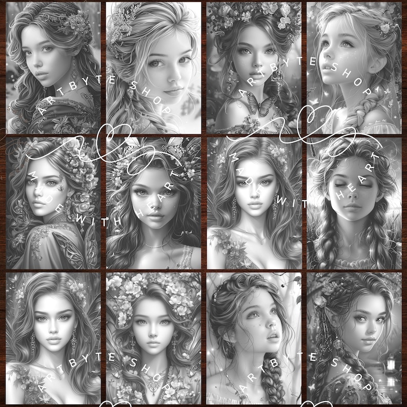 Pu&ograve; includere: Un collage digitale di dieci immagini in bianco e nero di donne con fiori nei capelli. Le immagini sono disposte in una griglia di cinque righe e due colonne. Le donne guardano tutte la fotocamera con una variet&agrave; di espressioni. Le immagini sono tutte in uno stile simile, con un'atmosfera morbida e sognante.