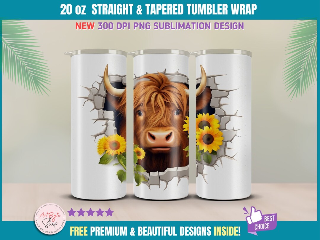 3D Hole in a Wall Highland Cow 20 Oz Tumbler Wrap Sublimation Design ...