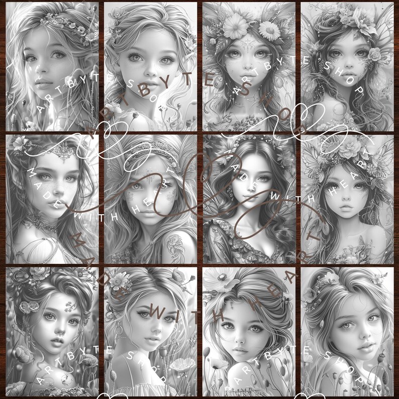 Pu&ograve; includere: Un set di 12 pagine da colorare stampabili in bianco e nero con illustrazioni di fate con corone floreali e dettagli intricati. Le pagine sono intitolate "Made with the Heart" e "Art by Tess Shop".