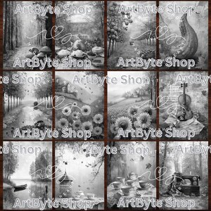 May include: A collage of six black and white images. The images feature a variety of scenes, including a forest, a field of sunflowers, a violin, and a tea party. The images are all framed with a brown border and the text "ArtByte Shop" appears in the bottom right corner of each image.