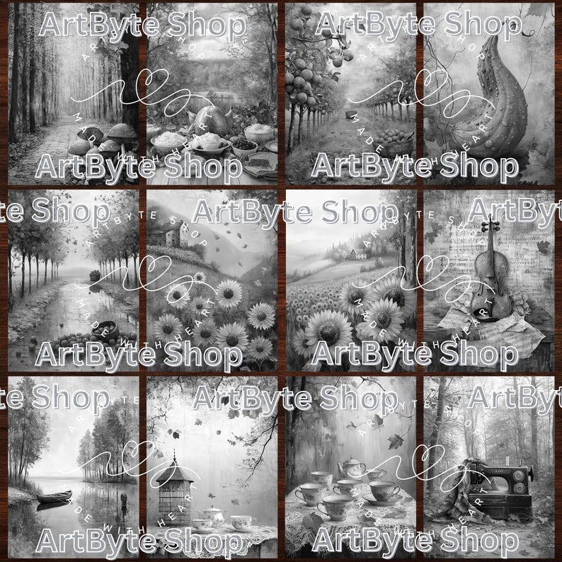 May include: A collage of six black and white images. The images feature a variety of scenes, including a forest, a field of sunflowers, a violin, and a tea party. The images are all framed with a brown border and the text "ArtByte Shop" appears in the bottom right corner of each image.