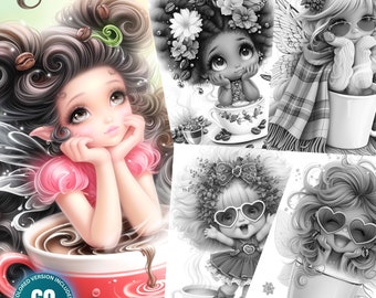 Coffee Fairies - 60 Coloring Pages for Adults and Kids Instant Download Grayscale Coloring Book Printable PDF & JPG  Fairies Coloring Bundle