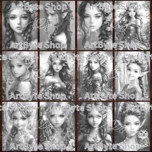 May include: A collage of nine black and white illustrations of women with long hair and nature-inspired details. Each illustration features a woman with a different hairstyle and outfit, and each is surrounded by leaves, flowers, and other natural elements. The text "ArtByte Shop" appears in the top corners of each image.