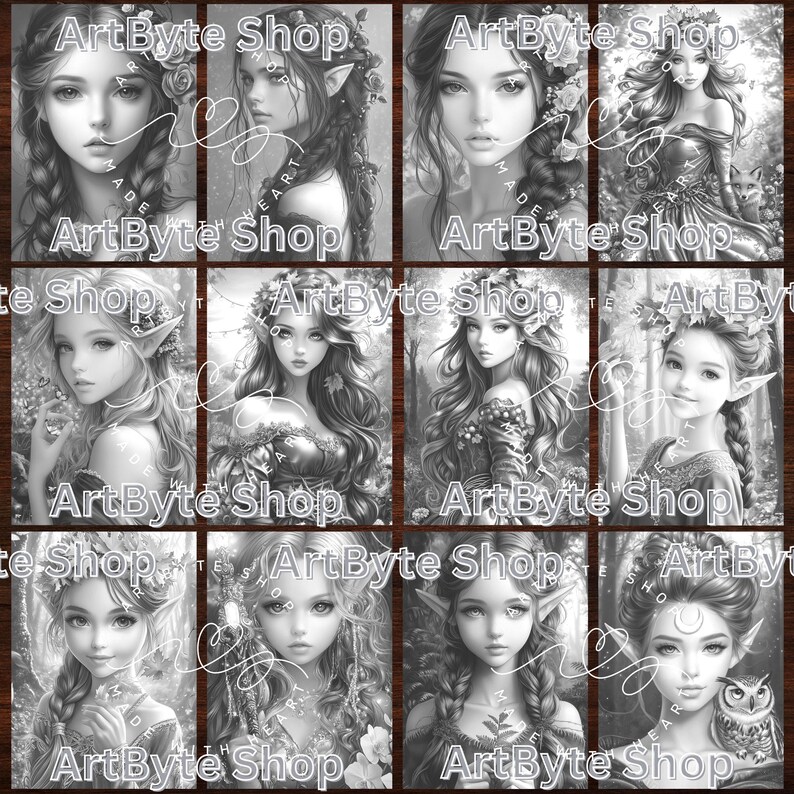 May include: A collage of nine black and white illustrations of women with long hair and nature-inspired details. Each illustration features a woman with a different hairstyle and outfit, and each is surrounded by leaves, flowers, and other natural elements. The text "ArtByte Shop" appears in the top corners of each image.