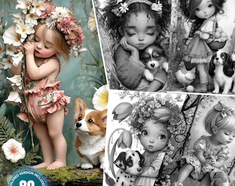 Mignonnes petites filles et chiots : 80 pages à colorier pour adultes et enfants, téléchargement immédiat, livre de coloriage en niveaux de gris imprimable PDF et JPG pour les amoureux des chiens