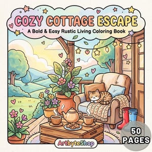 Peut inclure: Couverture d'un livre de coloriage intitulé "Cozy Cottage Escape" sur le thème de la vie rustique. L'illustration représente une scène de véranda confortable avec un chat, un fauteuil, un service à thé et des plantes en pot. Le livre contient 50 pages.