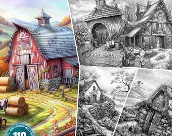 Charmante alte Scheunen: 110 Malseiten für Erwachsene und Kinder zum sofortigen Download Graustufen Malbuch Printable PDF & JPG Bundle Bauernhof Ausmalen