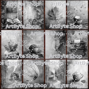 May include: A set of six black and white printable digital art images featuring various autumnal themes. The images include a book, a lock, a leaf, an acorn, a typewriter, a cabin, a leaf, and a cup of coffee.
