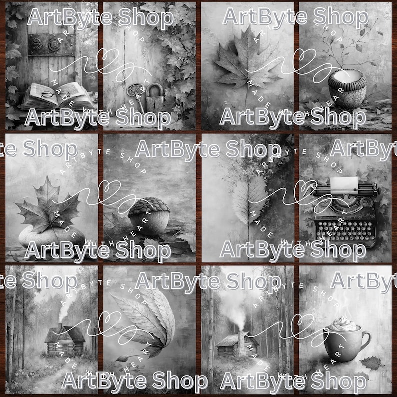 May include: A set of six black and white printable digital art images featuring various autumnal themes. The images include a book, a lock, a leaf, an acorn, a typewriter, a cabin, a leaf, and a cup of coffee.