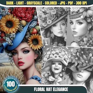 Floral Hat Elegance: 100 Coloring Pages for Adults and Kids Instant Download Grayscale Coloring Book PDF&JPG Beautiful Women Coloring Bundle