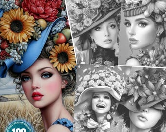 Floral Hat Elegance: 100 Coloring Pages for Adults and Kids Instant Download Grayscale Coloring Book PDF&JPG Beautiful Women Coloring Bundle