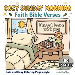Puede incluir: Ilustración de un libro para colorear con el texto "COZY SUNDAY MORNING Faith Bible Verses". La imagen muestra una escena de dormitorio con una cama, una ventana y una pequeña mesa con una Biblia, una lámpara y un reloj. El texto "Peace I leave with you" está en la pared. El libro tiene 50 páginas.