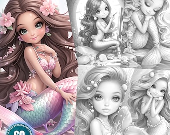 Little Mermaids - 60 Coloring Pages for Adults and Kids Instant Download Grayscale Coloring Book Printable PDF Fairy Girls Fantasy PDF & JPG