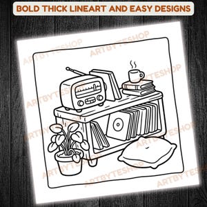 May include: Black and white line art illustration of a retro radio, books, vinyl records, a potted plant, a pillow, and a steaming mug on a shelf. The text at the top reads "BOLD THICK LINEART AND EASY DESIGNS".