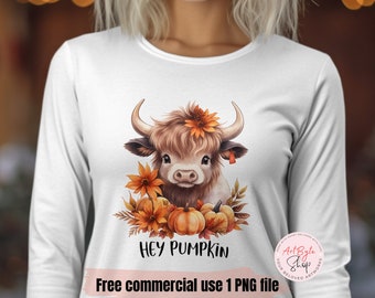 Hey Kürbis PNG Sublimation Design digitaler Download, süße Highland Kuh PNG, Herbst Png, Herbst PNG T-Shirt Design süße Highland Kuh Design