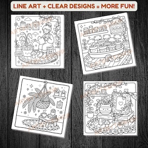 May include: Four square black and white line art illustrations of indoor scenes with plants. One shows a person watering a plant, another a herb garden, and two others with potted plants and decor. Text at the top reads "LINE ART + CLEAR DESIGNS = MORE FUN!"