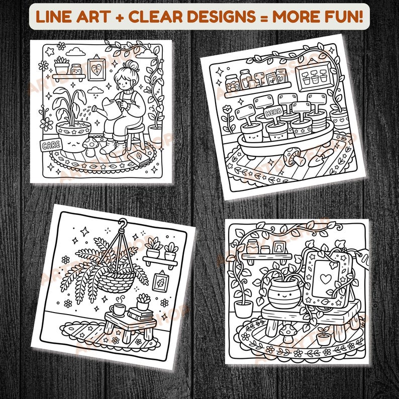 May include: Four square black and white line art illustrations of indoor scenes with plants. One shows a person watering a plant, another a herb garden, and two others with potted plants and decor. Text at the top reads "LINE ART + CLEAR DESIGNS = MORE FUN!"