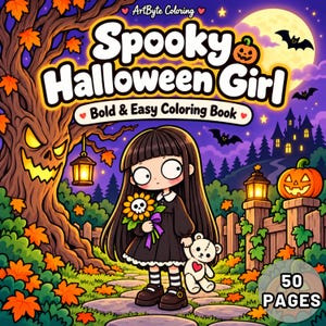 May include: A coloring book titled Spooky Halloween Girl featuring a cartoon character with long dark hair holding a skull-centered flower and a teddy bear. The cover shows a haunted tree, a pumpkin, a fence, and a full moon in a purple sky.