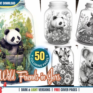 Wild Friends in Jars - 50 Coloring Pages for Adults and Kids Instant Download Grayscale Coloring Book Animal Coloring Printable PDF Fantasy