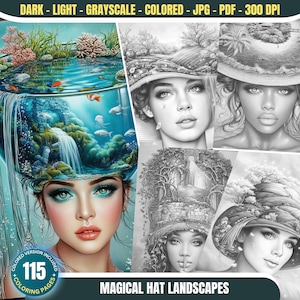 Paesaggi magici in scala di grigi da colorare: un mondo in miniatura dentro un cappello, libro da colorare per adulti, rilassante scenario fantasy stampabile in PDF e JPG.